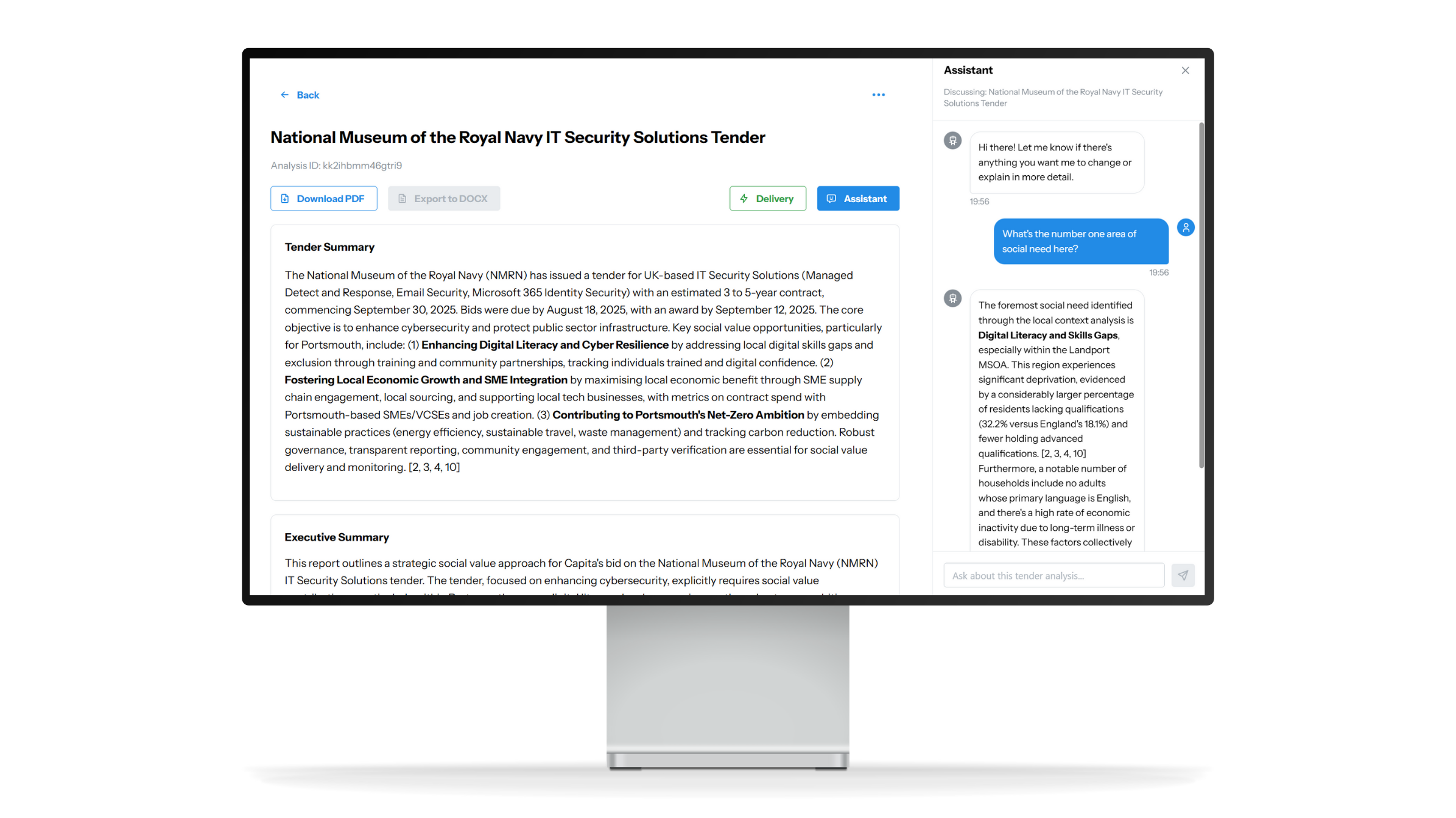 AI-powered social value bid analysis platform mockup